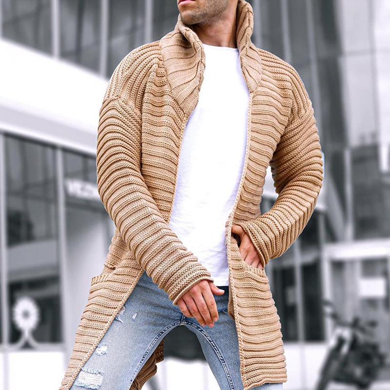 Mens Solid Stand Collar Mid-length Knit Cardigan 90370724Z