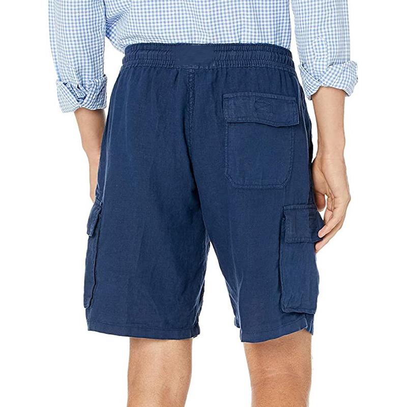 Mens Casual Solid Color Cotton Linen Multi-Pocket Drawstring Shorts 01649333Y