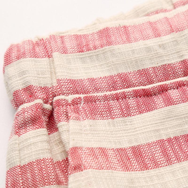 Mens Casual Cotton Linen Stripe Elastic Waist Straight Shorts 54118289M