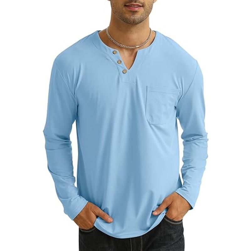 Mens Casual Solid Color V-Neck Chest Pocket Long Sleeve T-Shirt 58233004Y