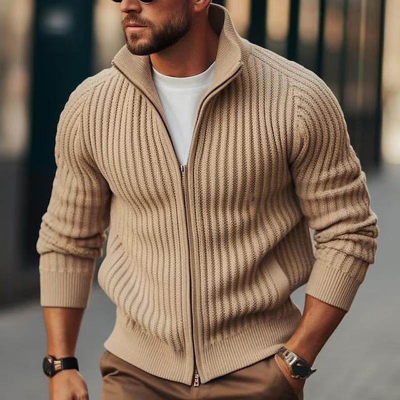 Mens Casual Solid Color Stand Collar Zipper Knitted Long-Sleeved Cardigan 49236387M