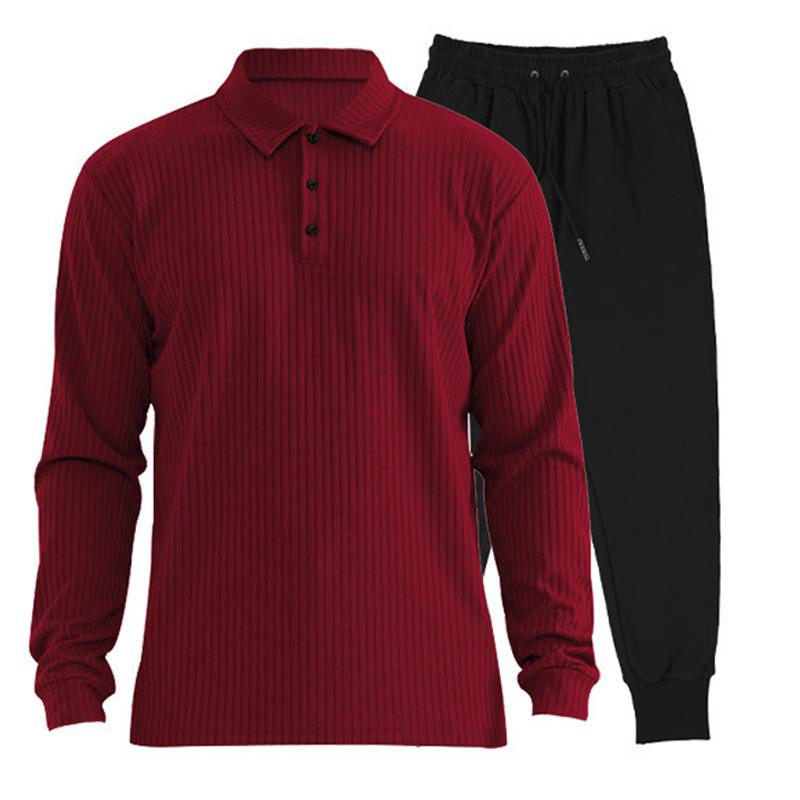 Mens Versatile Lapel Polo Shirt and Trousers Casual Two-piece Set 46121807X