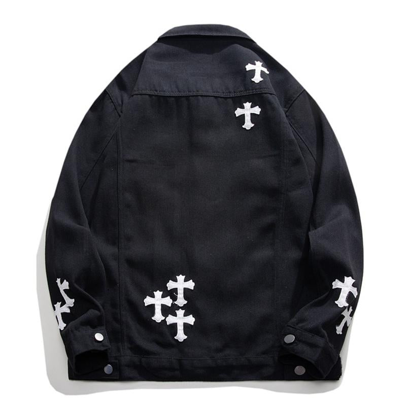 Mens Fashion Cross Patch Lapel Single Breasted Denim Jacket 84136194M