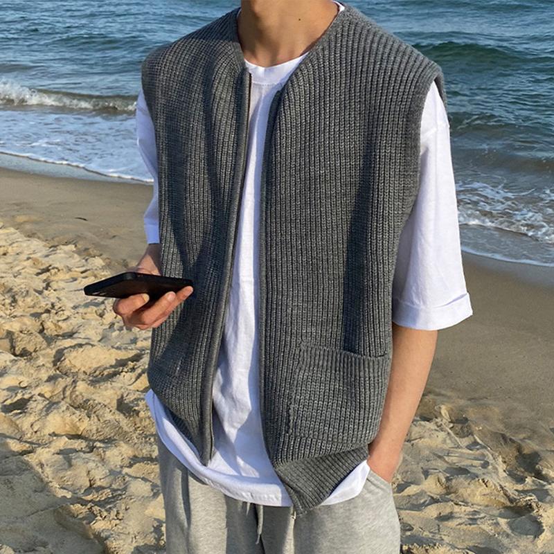 Mens Casual Solid Color Zipper Knit Sleeveless Vest 92594242Y