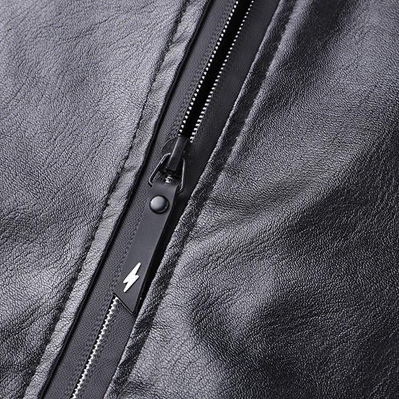 Mens Casual Stand Collar Plaid Stitching Loose Leather Jacket 92565825M