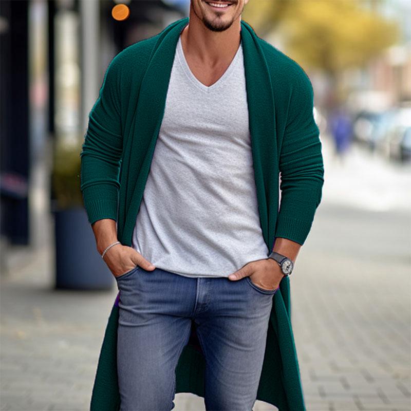 Mens Casual Solid Color Mid-Length Long-Sleeved Knitted Cardigan 40619426M