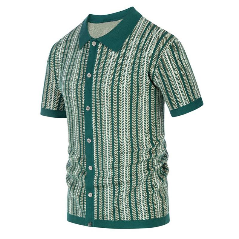 Mens Knit Striped Jacquard Business Short Sleeve Polo Shirt 51796633Y