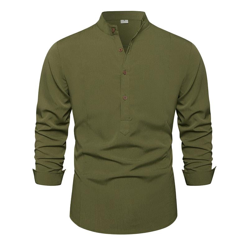 Mens Solid Color Simple Stand Collar Loose Casual Long Sleeve Shirt 01867878X