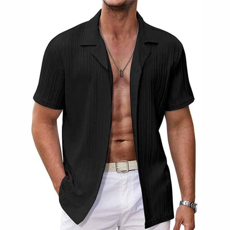 Mens Casual Solid Color Striped Short Sleeve Lapel Shirt 31319945Y