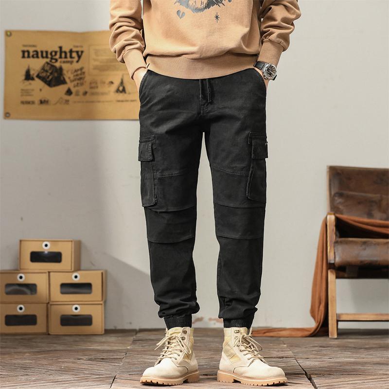 Mens Solid Color Multi-Pocket Elastic Cargo Pants 57353581X