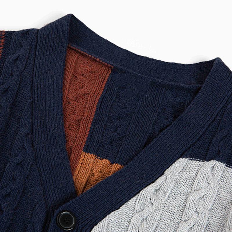 Mens Retro Color Contrast Knitted Cardigan V-neck Long-sleeved Sweater Jacket 74769346X