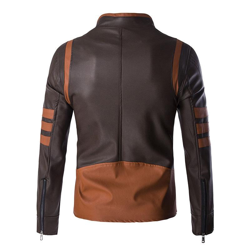 Mens Vintage Contrast Stand Collar Zipper Motorcycle Leather Jacket 44707249M