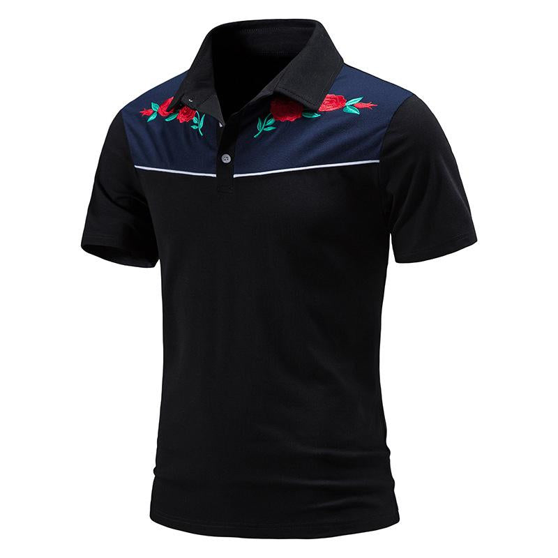 Mens Vintage Rose Embroidery Stitching Breathable Lapel Short Sleeve POLO Shirt 98245795Y