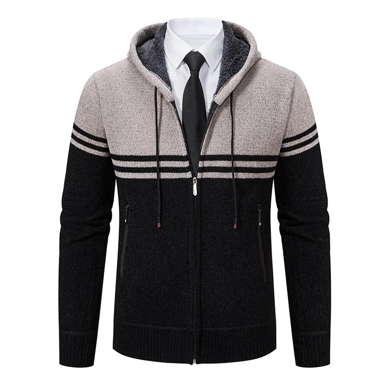 Mens Casual Colorblock Fleece Warm Zip Hooded Knitted Cardigan 19223129M