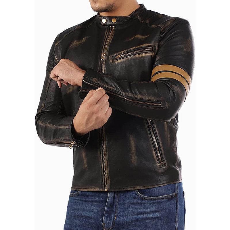 Mens Vintage Distressed Stand Collar Contrast Stitching Leather Jacket 22822210M