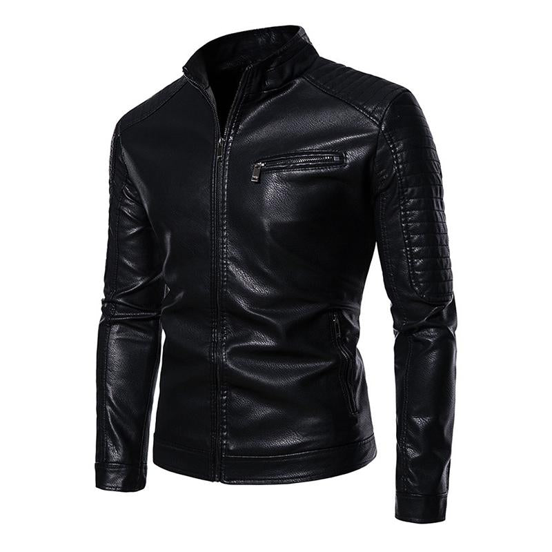 Mens Vintage Stand Collar Patchwork Slim Zipper Leather Motorcycle Jacket 50837459M