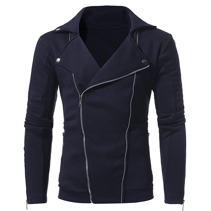 Mens Casual Double Diagonal Zipper Solid Color Lapel Jacket 17360131X
