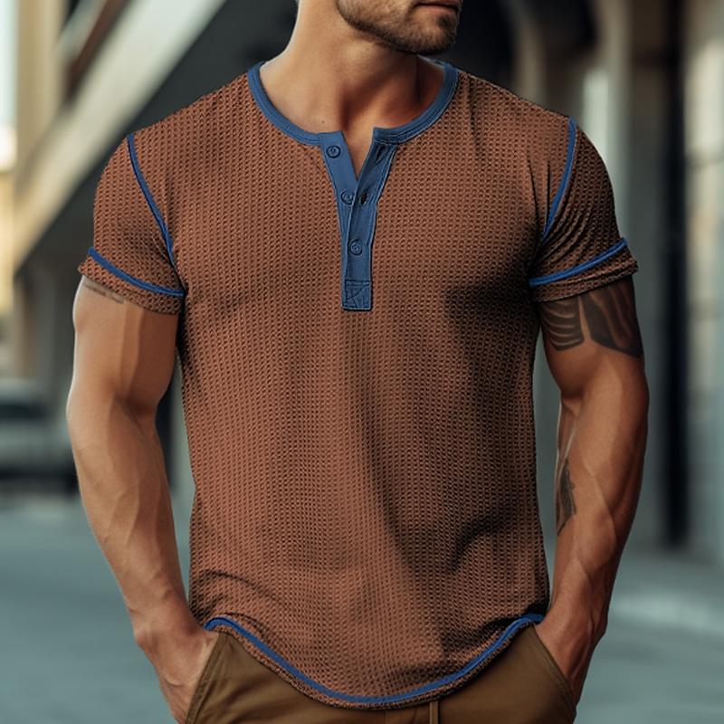 Mens Waffle Henley Collar Color Block Short Sleeves T-shirt 47068701Y