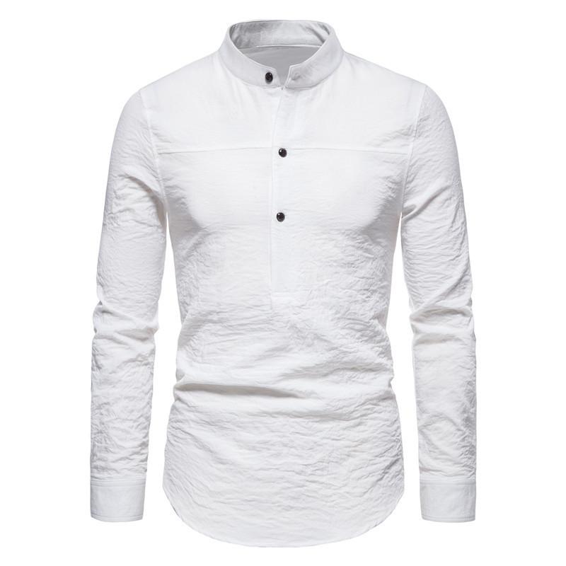 Mens Solid Color Long Sleeve Stand Collar Linen Shirt 70526053X