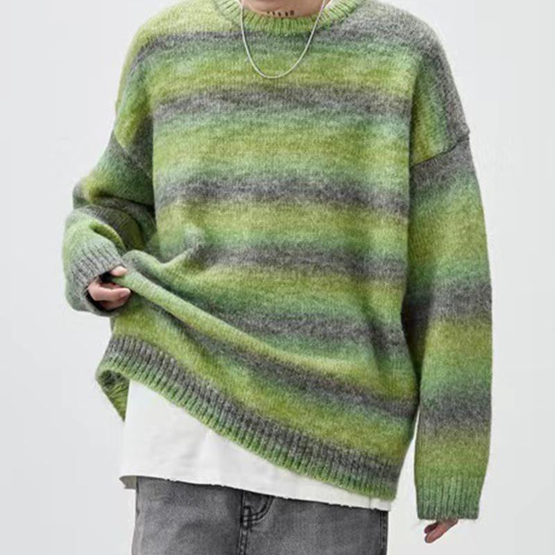 Mens Casual Gradient Striped Crew Neck Knitted Pullover Sweater 93359000M