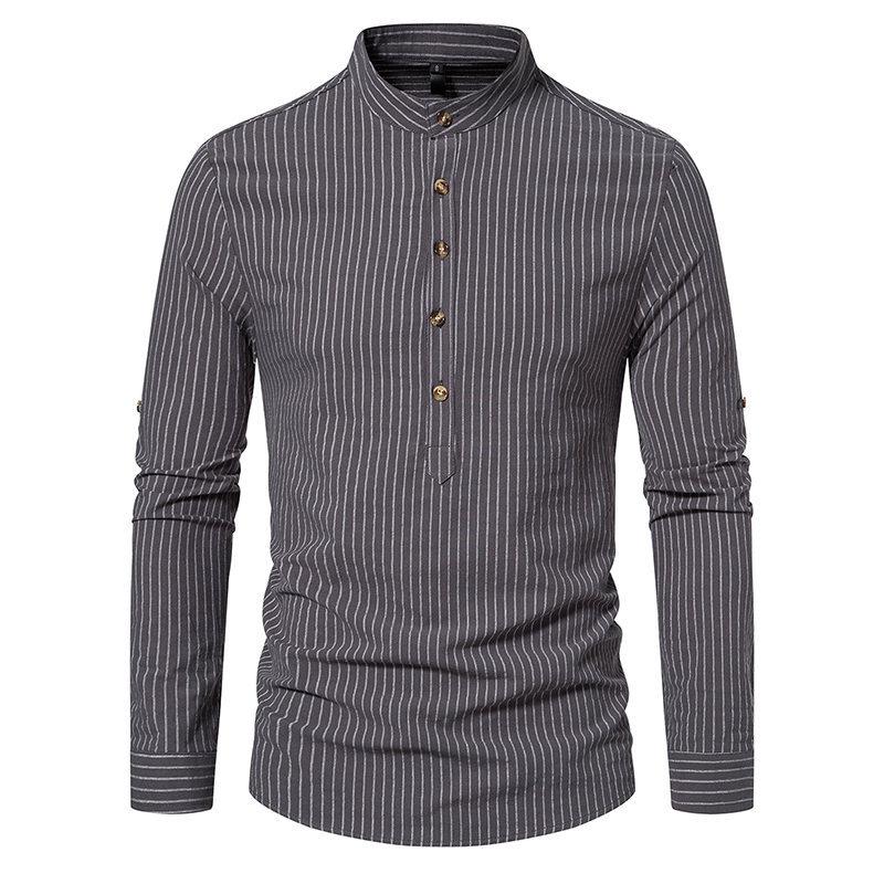Mens Casual Striped Stand Collar Long Sleeve Shirt 95806899X