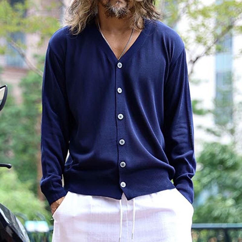 Mens Vintage Solid Color Long Sleeve Collarless Thin Cardigan 37933217Y