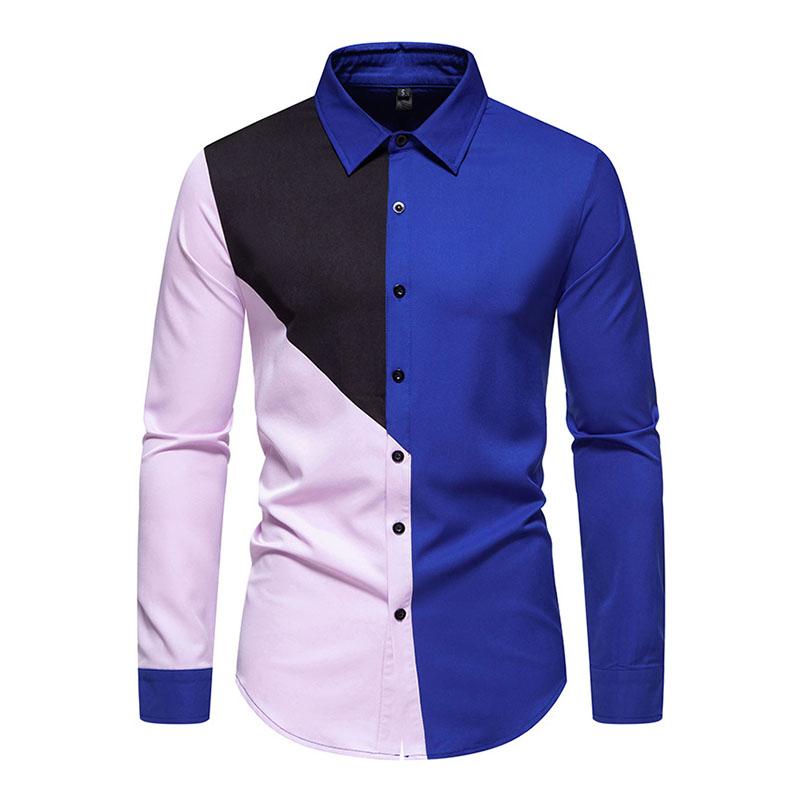 Mens Fashion Color Block Patchwork Lapel Long Sleeve Shirt 45869826M