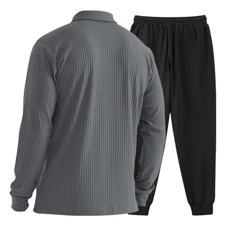 Mens Versatile Lapel Polo Shirt and Trousers Casual Two-piece Set 46121807X
