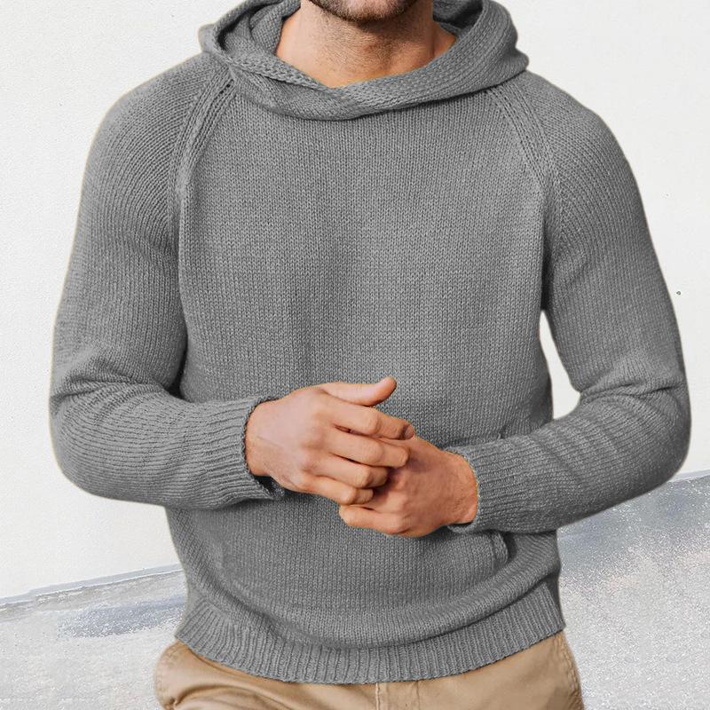 Mens Casual Solid Color Long Sleeve Hooded Knit Sweater 53760000M