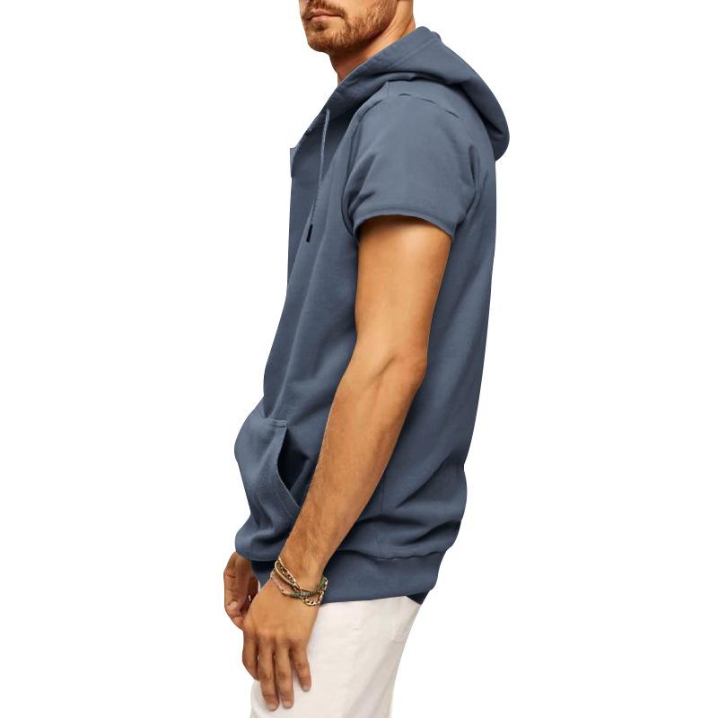Mens Sports Casual Solid Color Hooded Short Sleeve T-Shirt 67117585Y