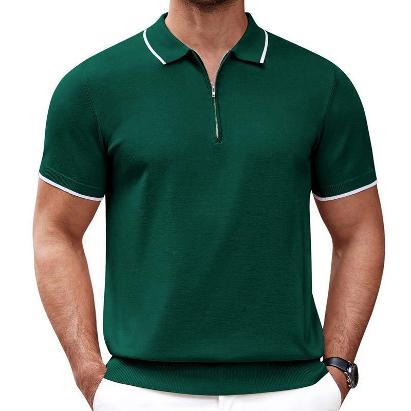 Mens White Line Stitching Lapel Short Sleeve Polo Shirt 7673085Z