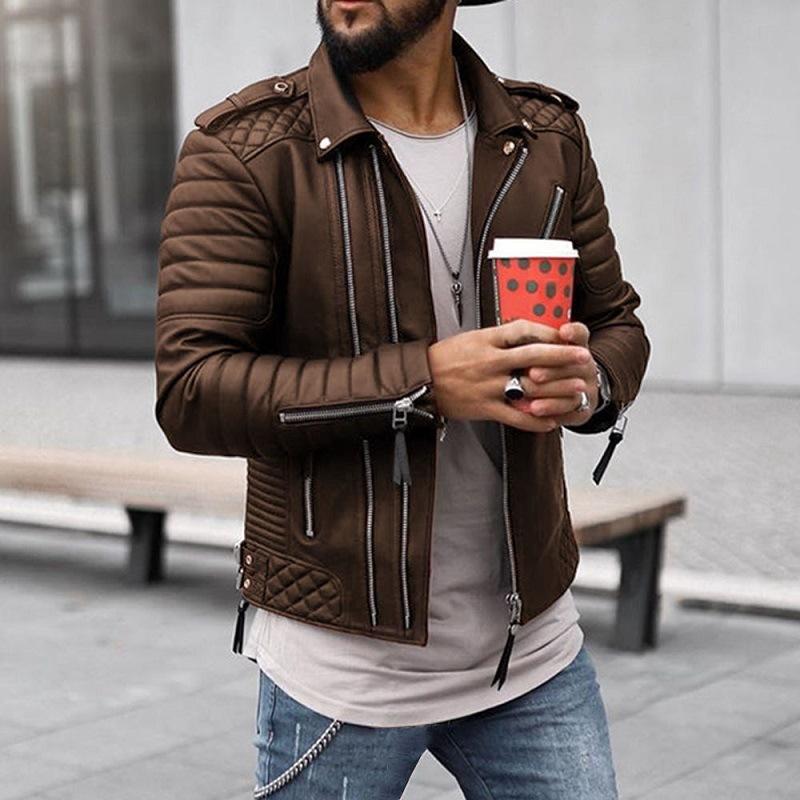 Mens Quilted Thick Lapel Zipper Leather Jacket 23255813X