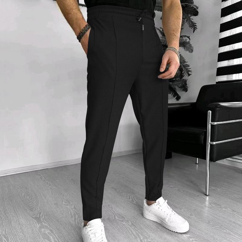 Mens Solid Waffle Elastic Waist Slim Casual Trousers 33746822Z