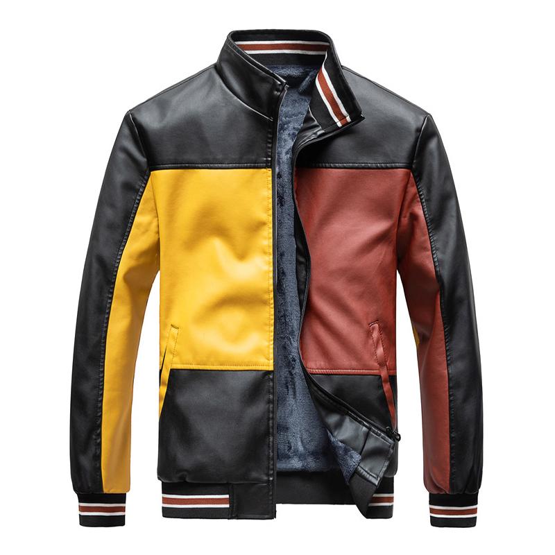 Mens Fashion Color Block Stand Collar Fleece Warm Motorcycle Leather Jacket 74032046M