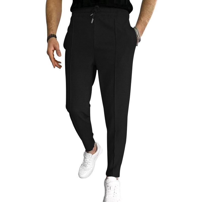 Mens Solid Waffle Elastic Waist Slim Casual Trousers 33746822Z