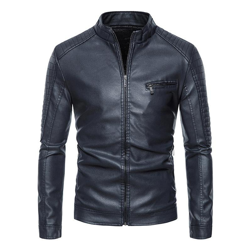 Mens Vintage Stand Collar Patchwork Slim Zipper Leather Motorcycle Jacket 50837459M