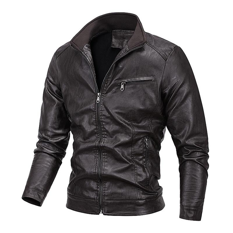 Mens Vintage Stand Collar Velvet Zipper Motorcycle Leather Jacket 80627391M