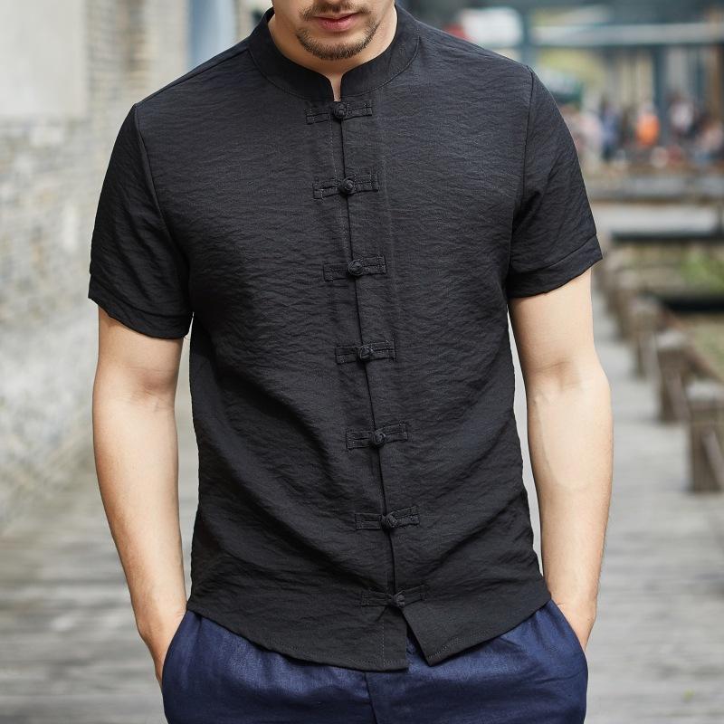Mens Vintage Stand Collar Cotton Linen Short Sleeve Shirt 40504441M