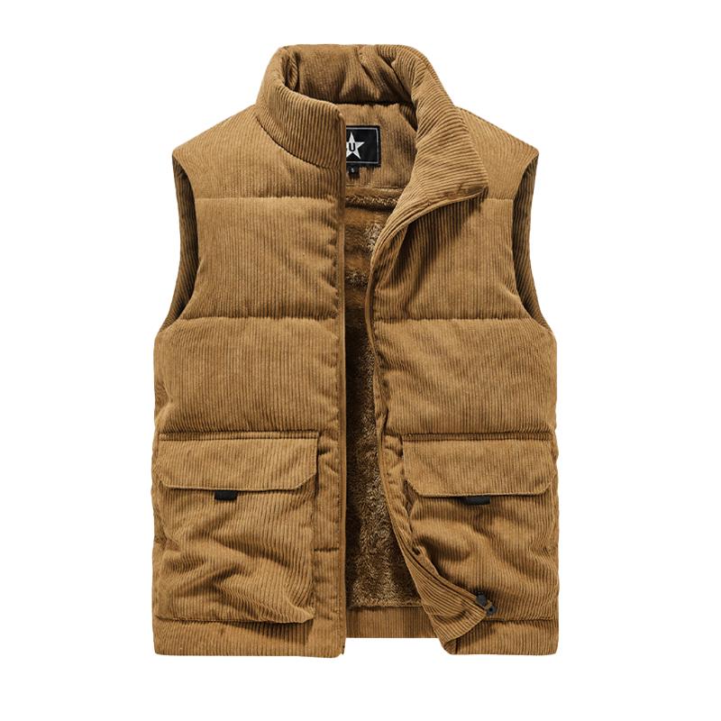 Mens Casual Solid Color Corduroy Warm Fleece Multi-Pocket Vest 62955730Y
