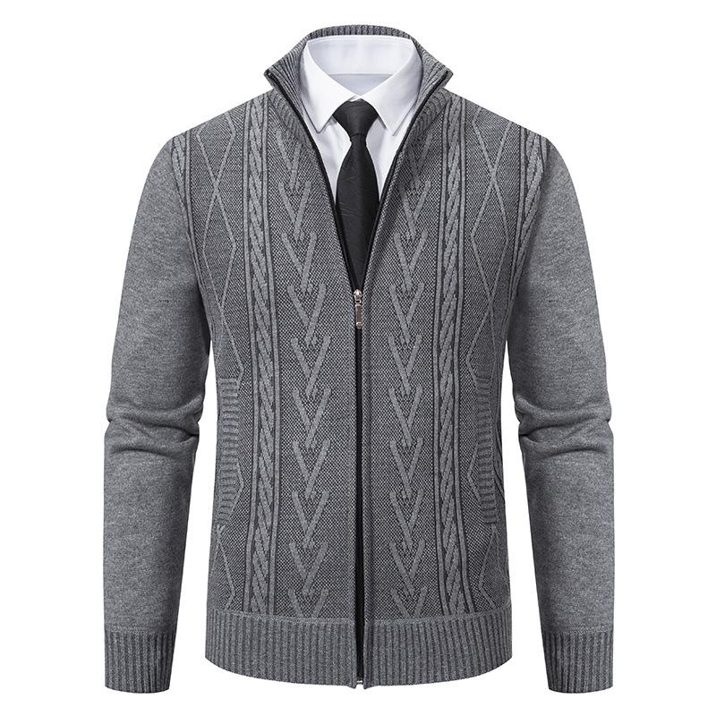 Mens Stand Collar Jacquard Thickened Casual Knitted Jacket 58330673X