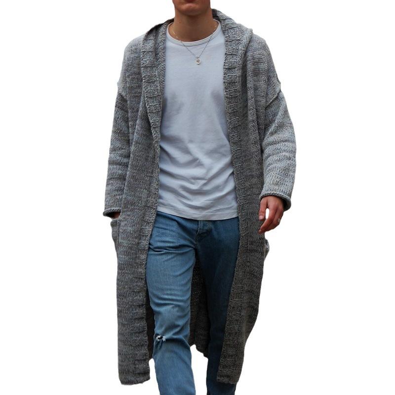 Mens Casual Solid Color Loose Long Hooded Knitted Cardigan 83442735M