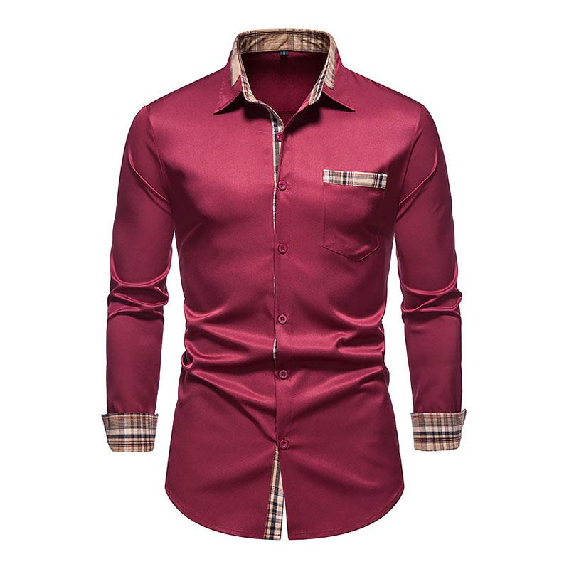 Mens Casual Colorblock Plaid Patchwork Lapel Long-Sleeved Shirt 44324703M