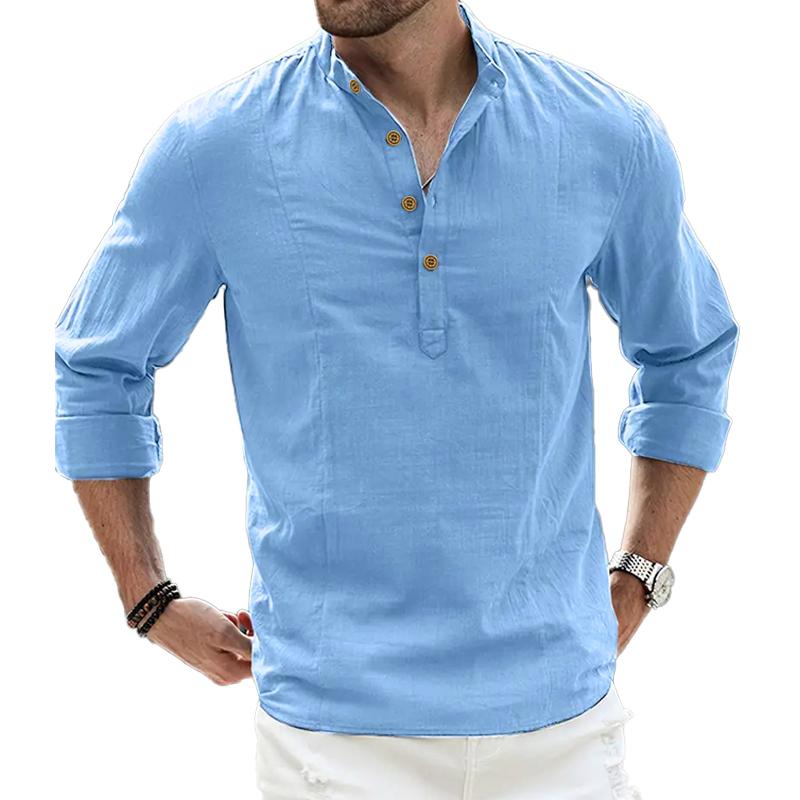 Mens Solid Color Simple Stand Collar Loose Casual Long Sleeve Shirt 01867878X