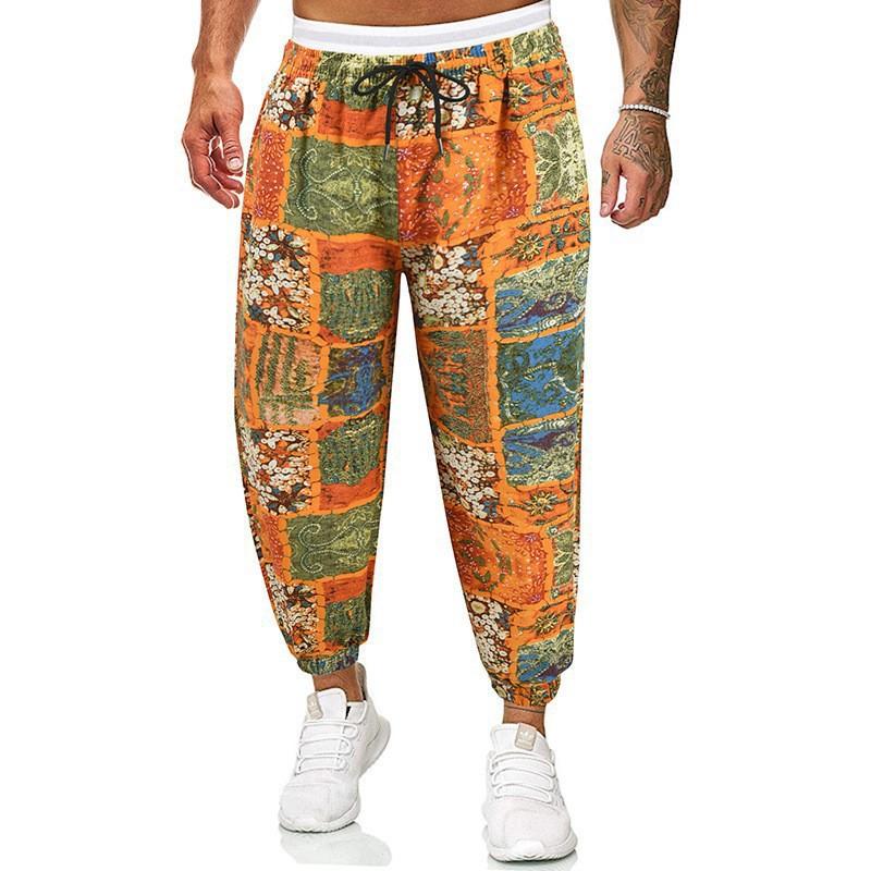 Mens Vintage Ethnic Cotton Linen Print Long Sleeve Trousers Set 84308460X
