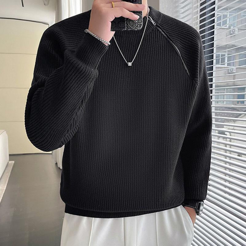 Mens Casual Solid Color Zippered Round Neck Loose Pullover Sweater 53088662M
