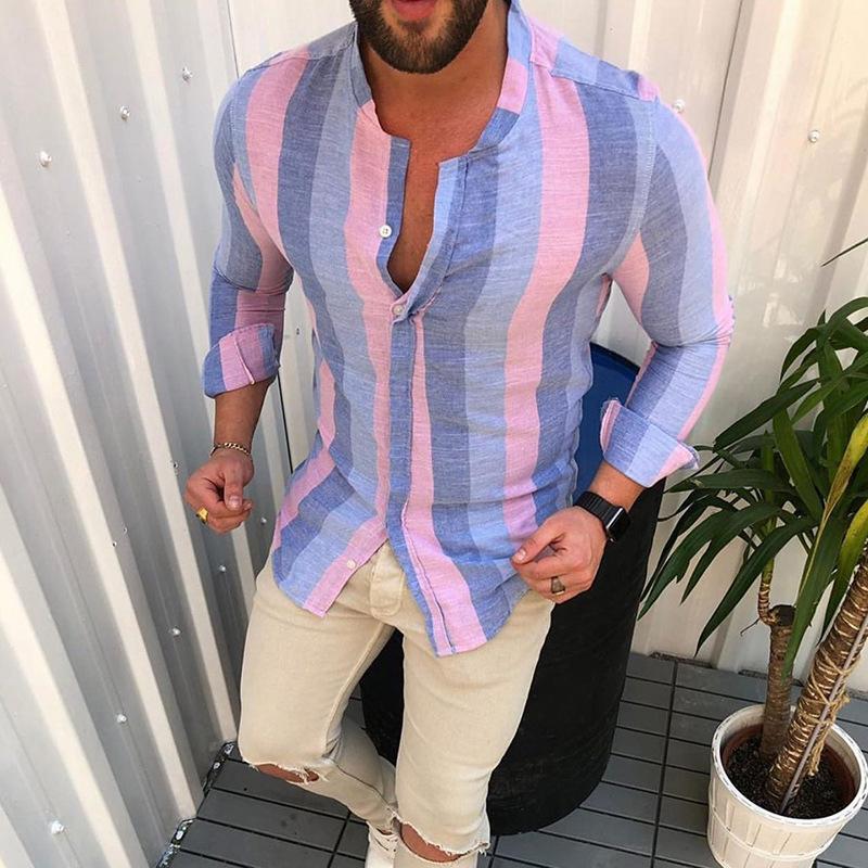 Mens Color Striped Buttons Long -sleeved Shirt 57442743X