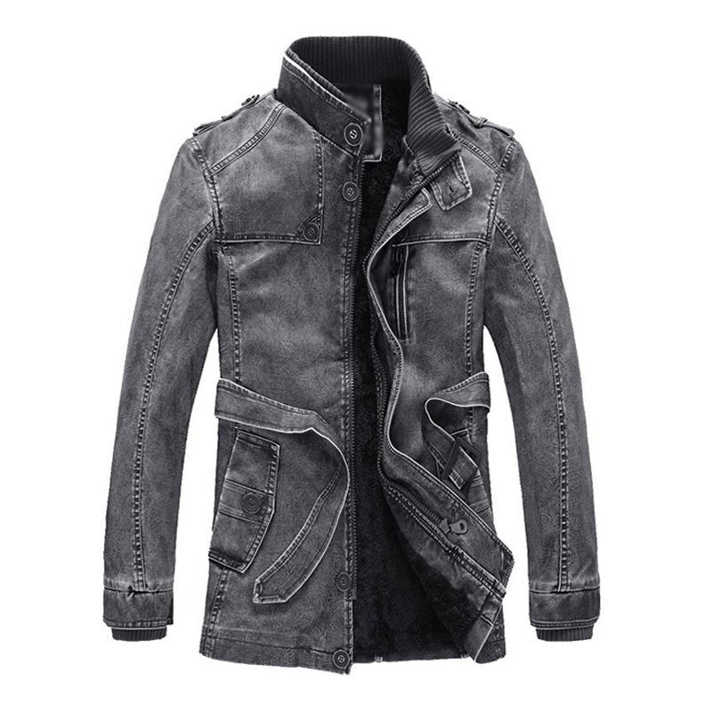 Mens Vintage Washed Stand-Collar Fleece Lining Mid-Length Motorcycle Leather Coat 94824117M
