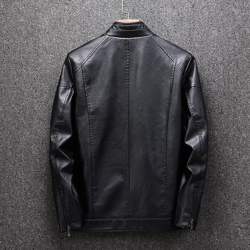 Mens Solid Color Stand Collar Leather Motorcycle Jacket 93017058X