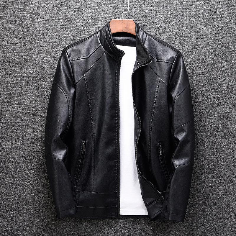 Mens Solid Color Stand Collar Leather Motorcycle Jacket 93017058X