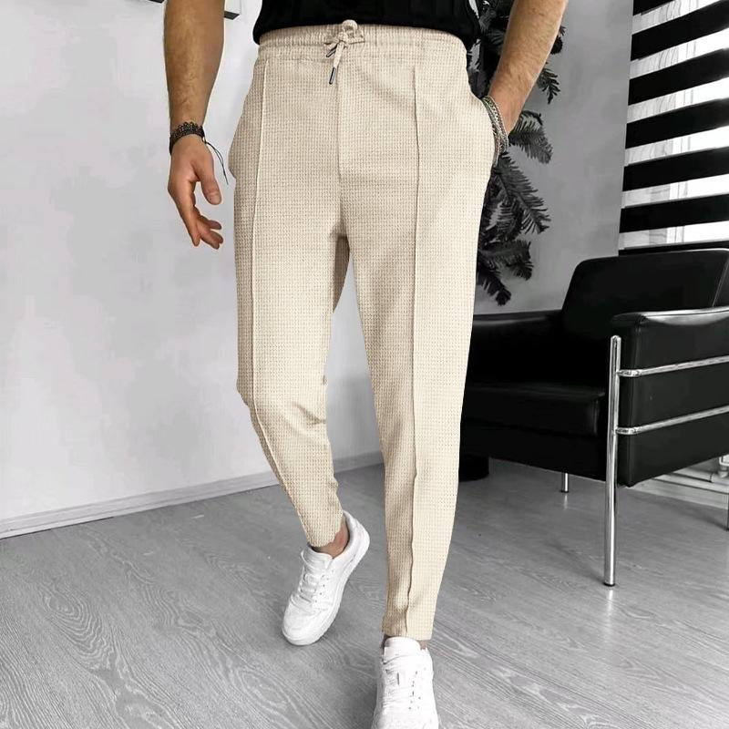 Mens Solid Waffle Elastic Waist Slim Casual Trousers 33746822Z